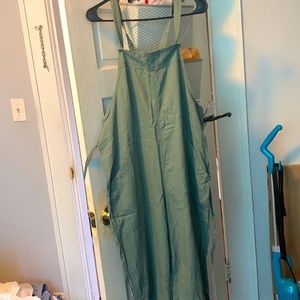 Green-gray overalls, with waist strap.